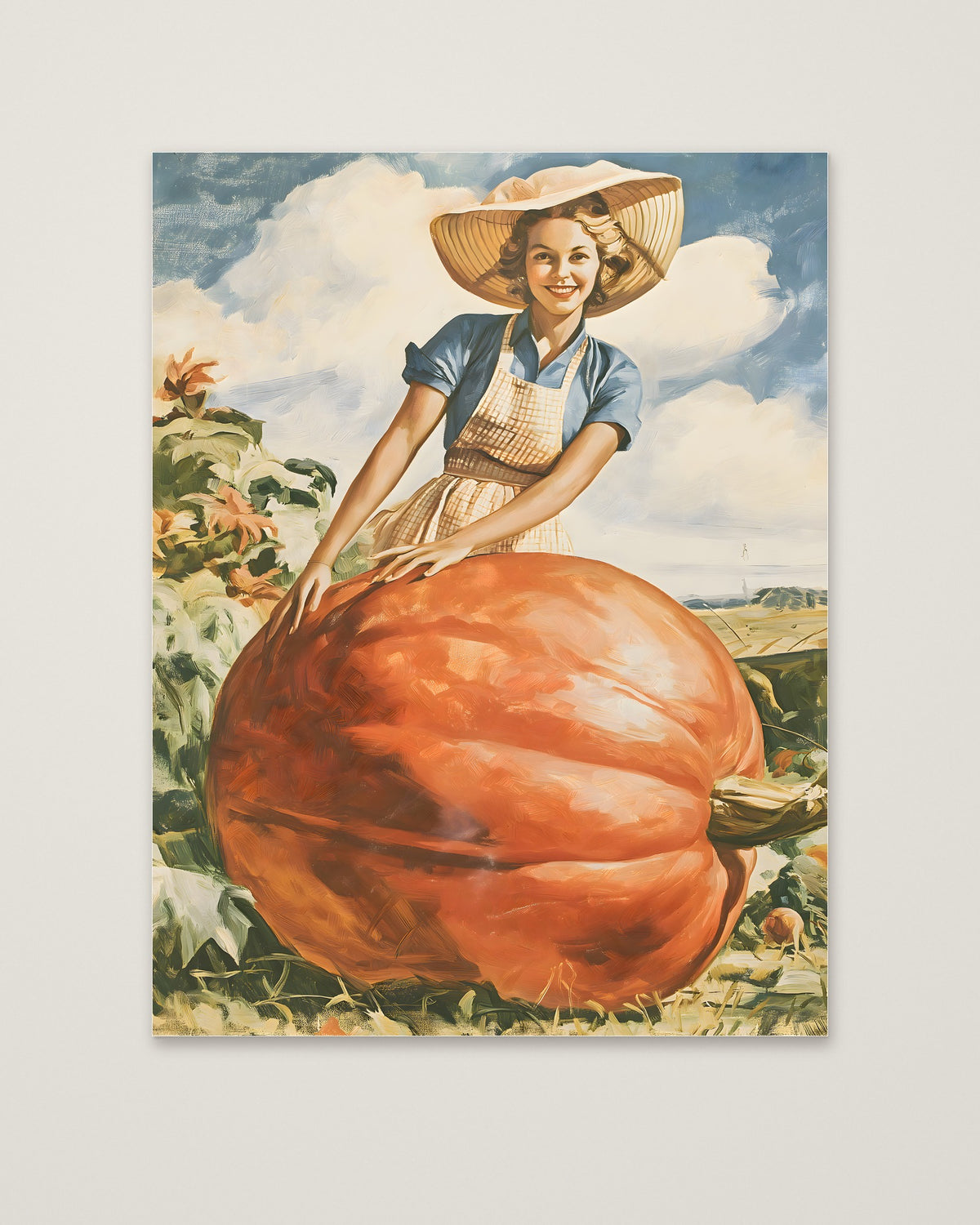 Vintage Farmwoman Giant Pumpkin Art as an unframed matte paper print