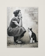 Vintage Woman Cat Portrait Art as an unframed matte paper print