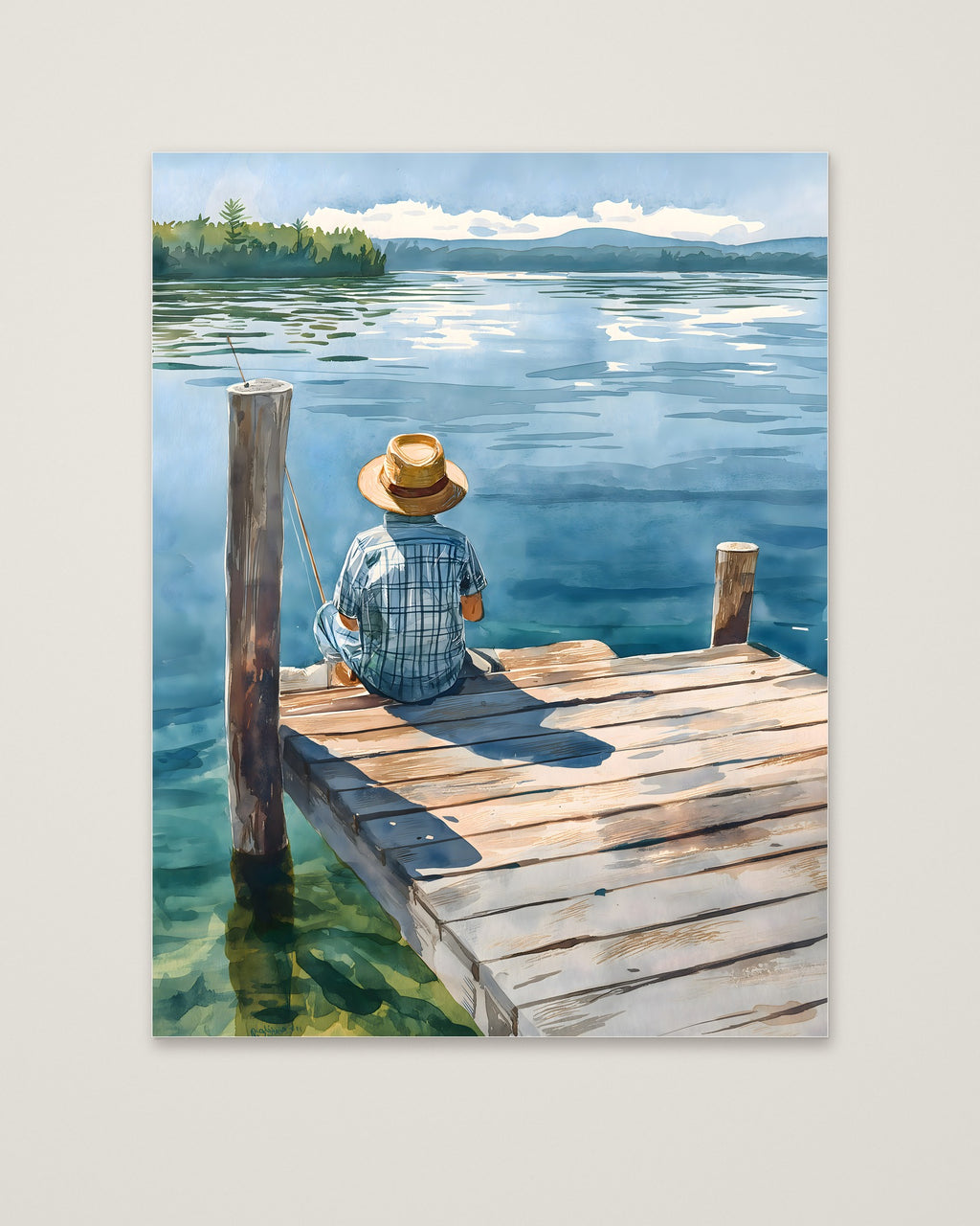 Watercolor Fisherman Lake Dock Art as an unframed matte paper print