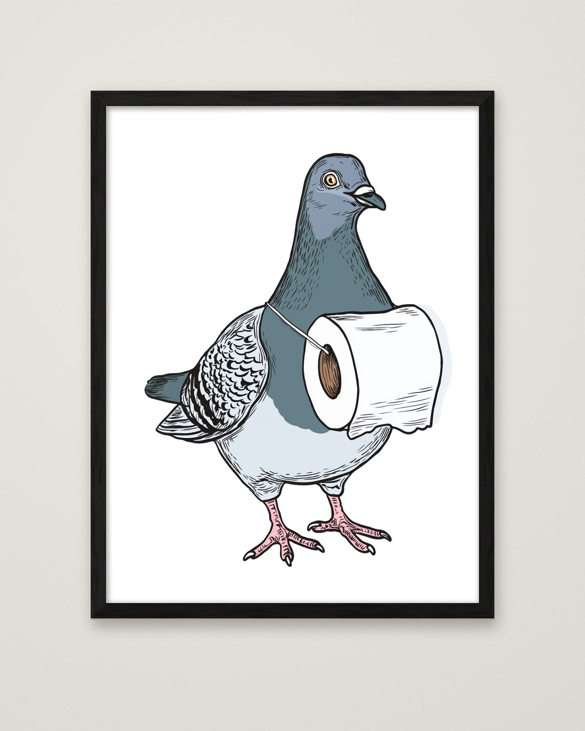 Funny Pigeon Toilet Paper Art in a black frame