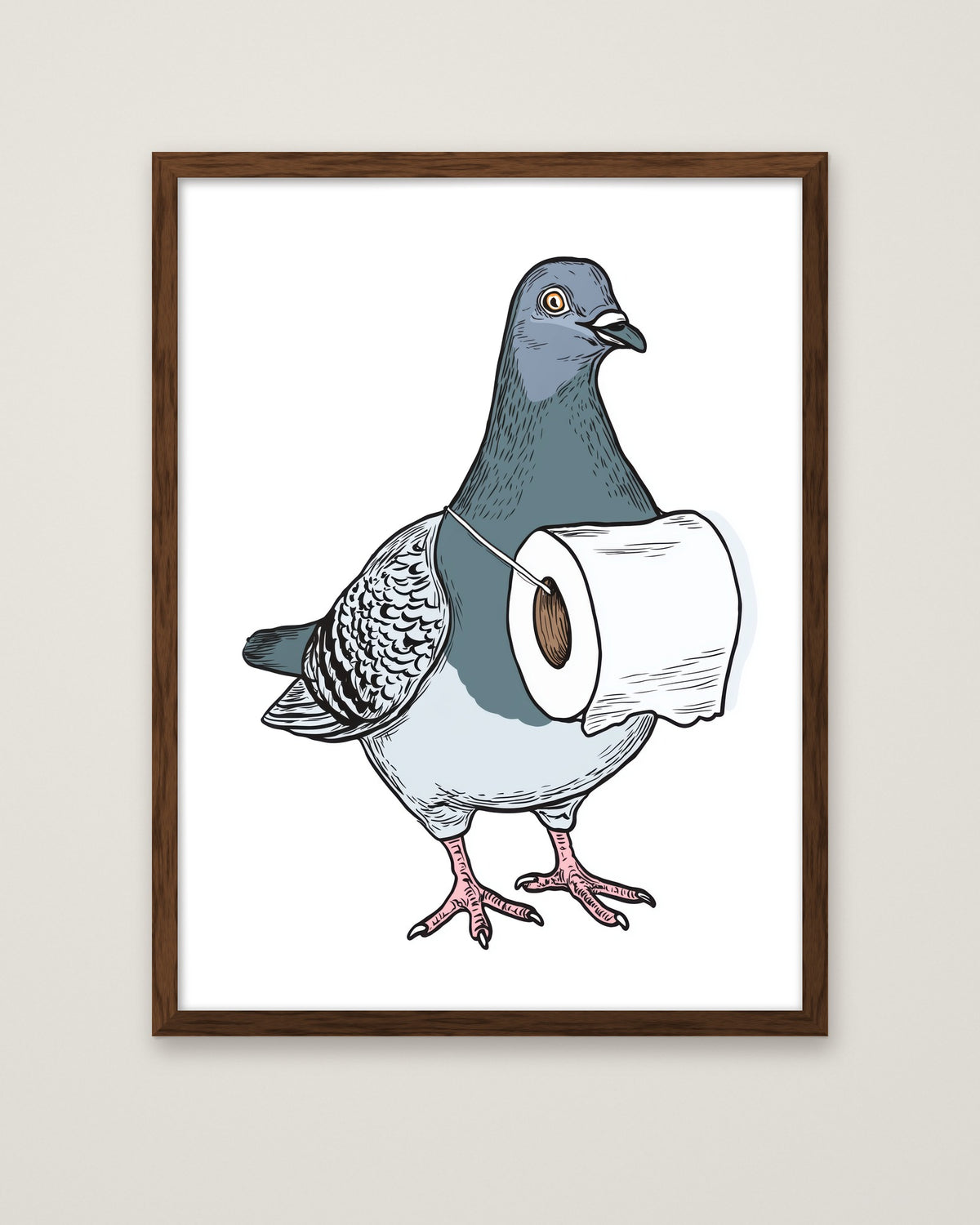 Funny Pigeon Toilet Paper Art in a dark wood frame