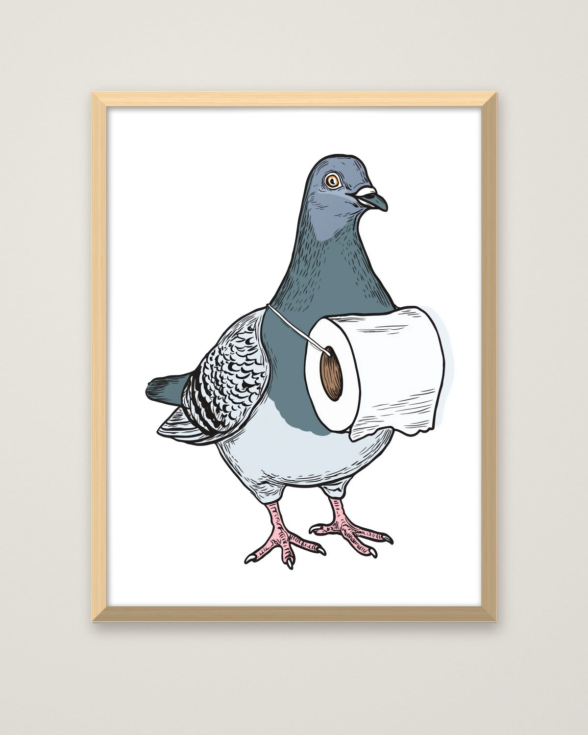 Funny Pigeon Toilet Paper Art in a natural wood frame