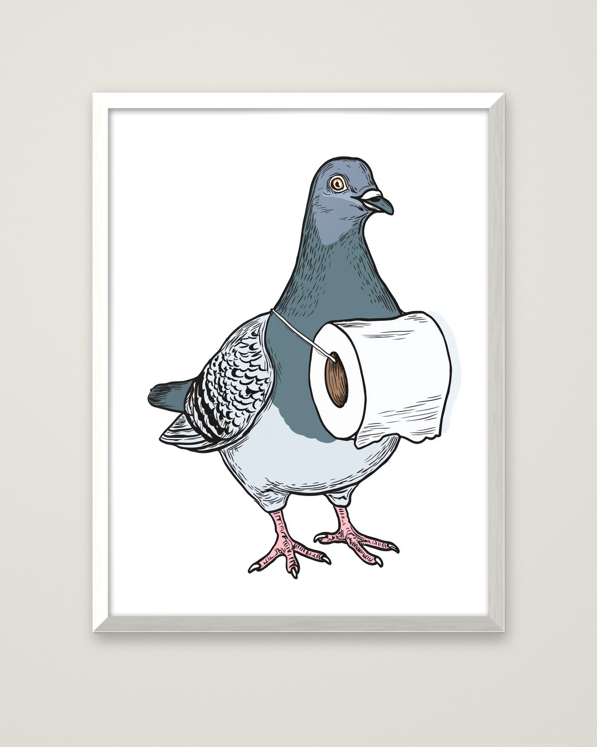 Funny Pigeon Toilet Paper Art in a white frame