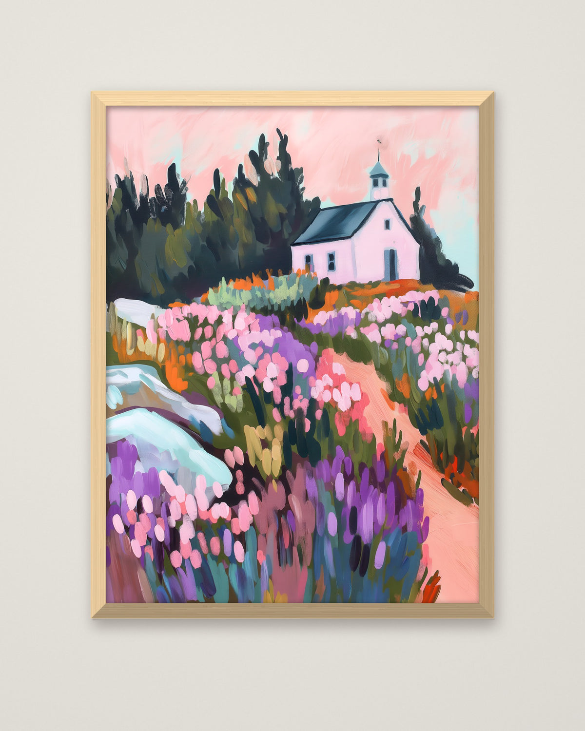 Wildflower Meadow Chapel Art in a natural wood frame