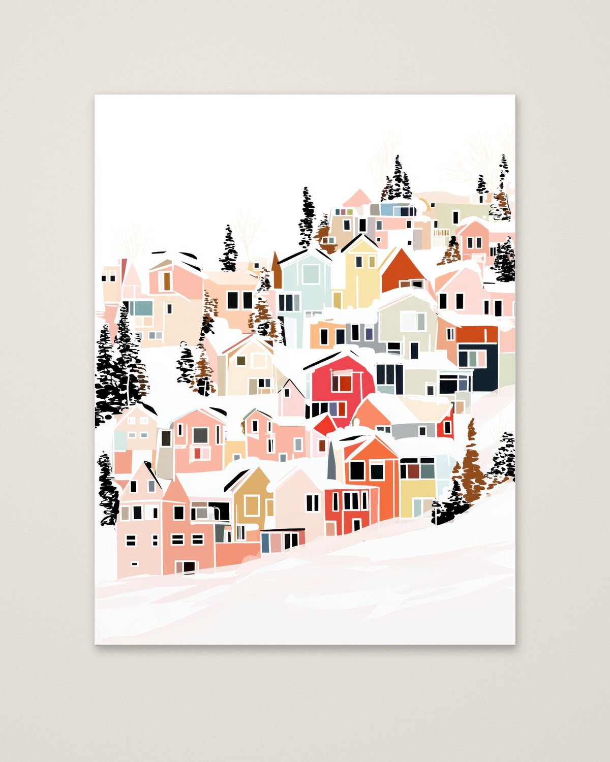 Winter Village Hillside Art as an unframed matte paper print