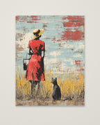 Woman Cat Field Vintage Art as an unframed matte paper print